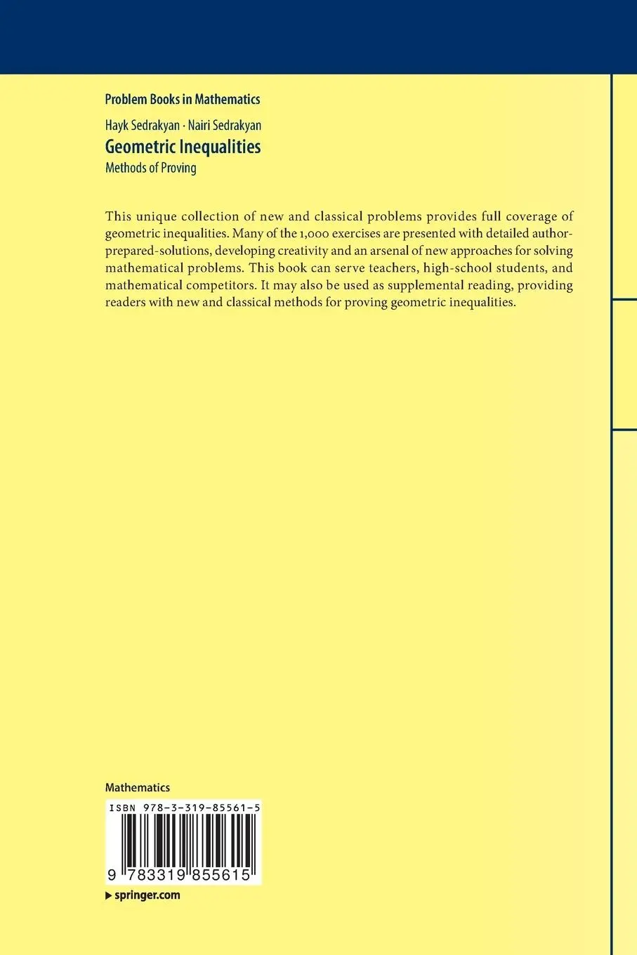 Rückseite: 9783319855615 | Geometric Inequalities | Methods of Proving | Nairi Sedrakyan (u. a.)