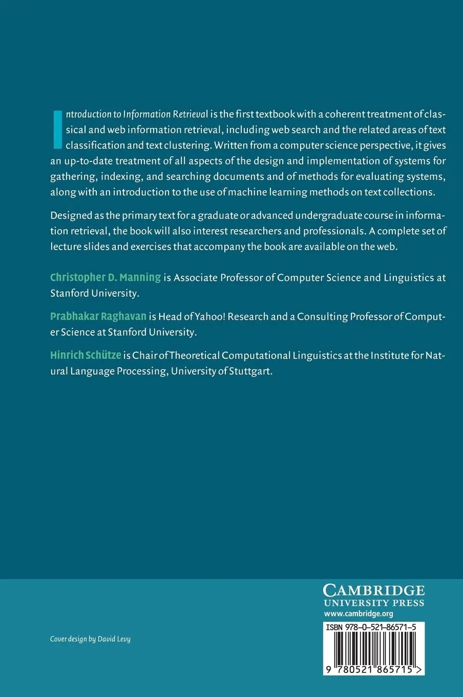 Rückseite: 9780521865715 | Introduction to Information Retrieval | Christopher D. Manning (u. a.)