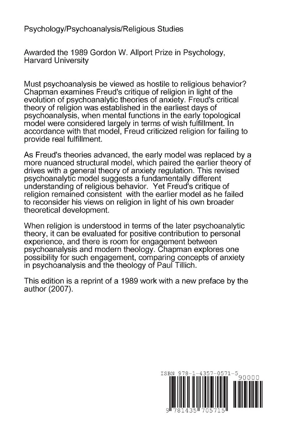 Rückseite: 9781435705715 | Freud, Religion, and Anxiety | Christopher Chapman | Taschenbuch
