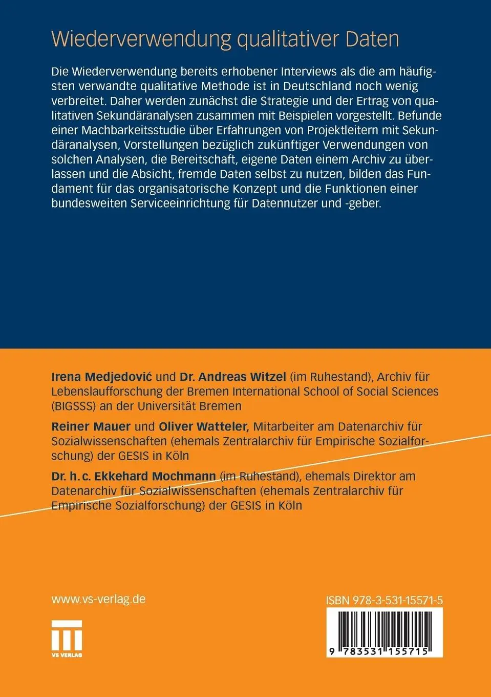 Rückseite: 9783531155715 | Wiederverwendung qualitativer Daten | Andreas Witzel (u. a.) | Buch