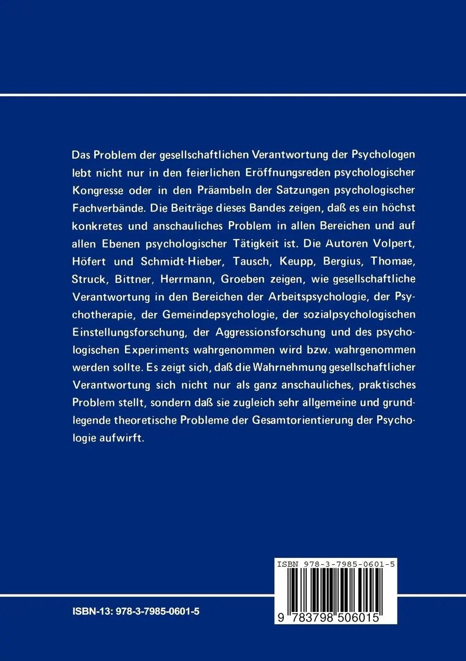 Rückseite: 9783798506015 | Die Gesellschaftliche Verantwortung der Psychologen II | Taschenbuch
