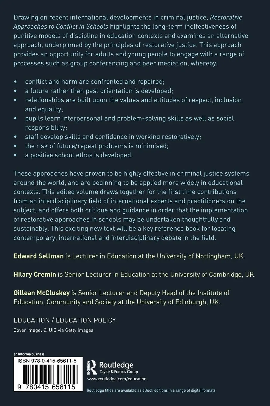 Rückseite: 9780415656115 | Restorative Approaches to Conflict in Schools | Edward Sellman (u. a.)