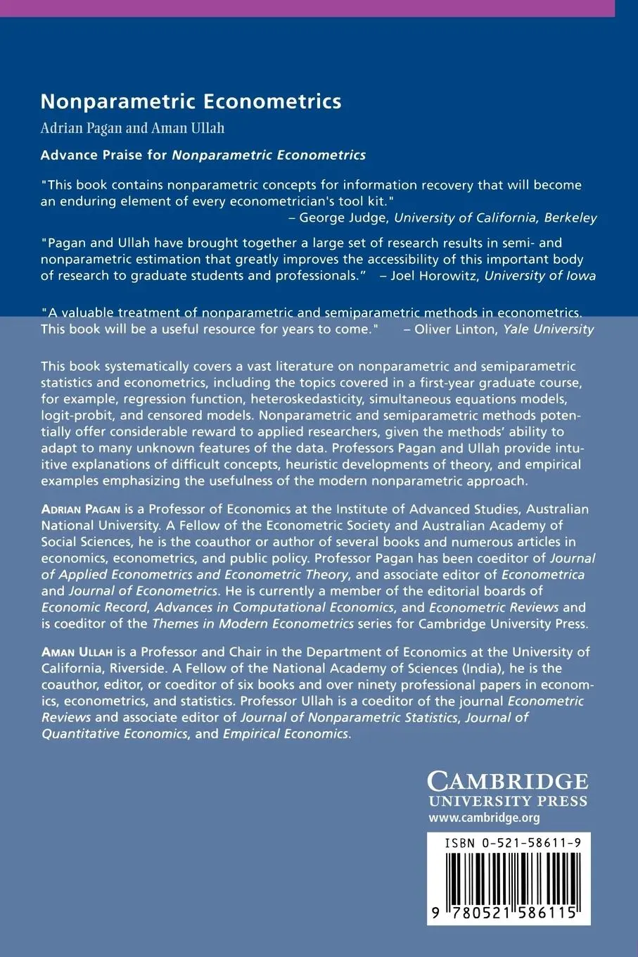 Rückseite: 9780521586115 | Nonparametric Econometrics | Adrian Pagan (u. a.) | Taschenbuch | 2006