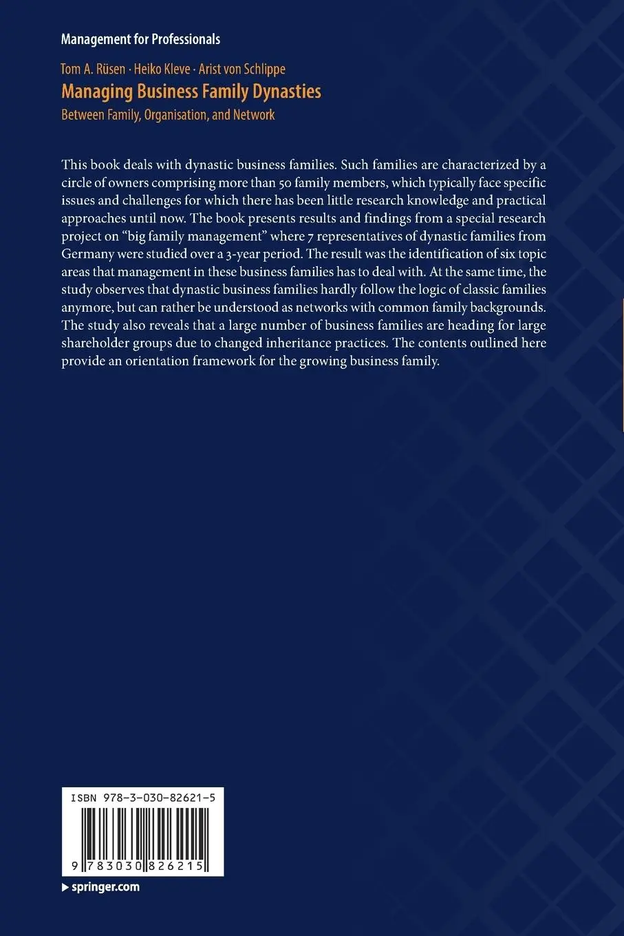 Rückseite: 9783030826215 | Managing Business Family Dynasties | Tom A. Rüsen (u. a.) | Buch