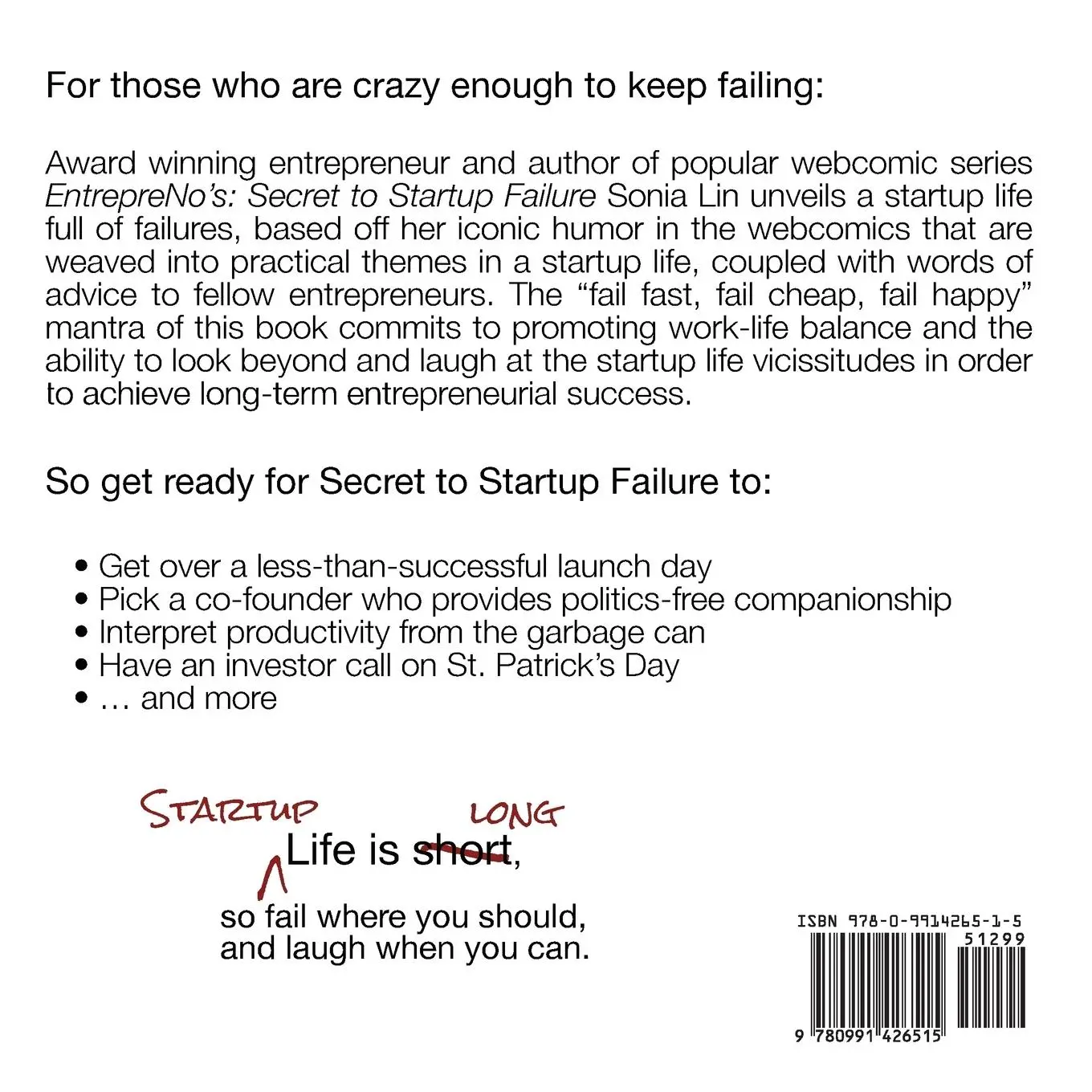 Rückseite: 9780991426515 | Secret to Startup Failure | Fail Fast. Fail Cheap. Fail Happy. | Lin