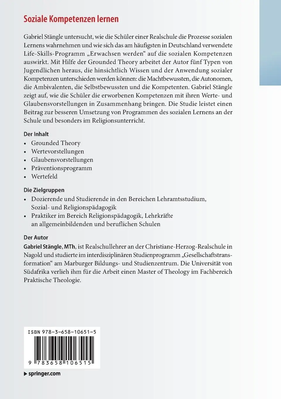 Rückseite: 9783658106515 | Soziale Kompetenzen lernen | Gabriel Stängle | Taschenbuch | xiv