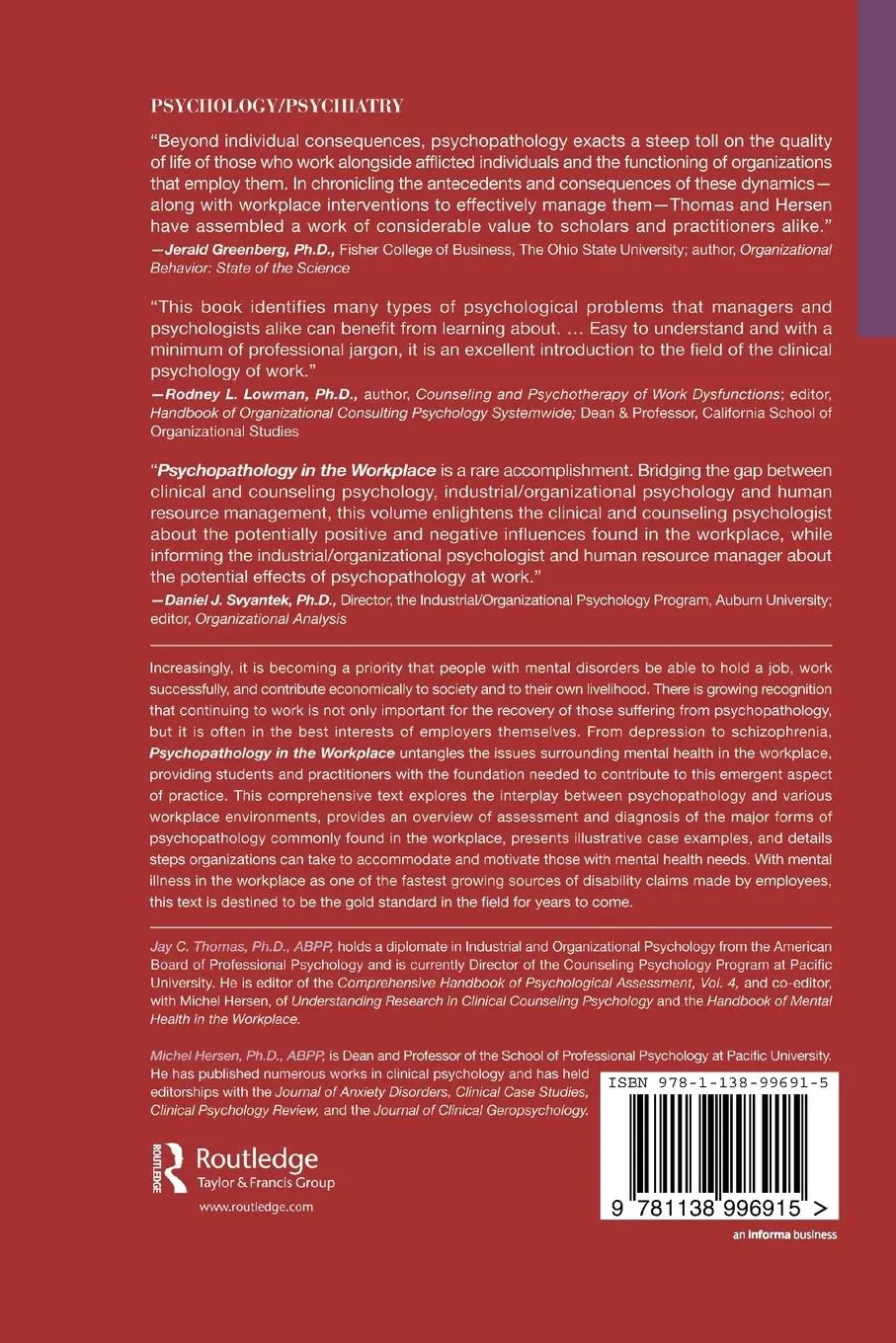 Rückseite: 9781138996915 | Psychopathology in the Workplace | Recognition and Adaptation | Buch