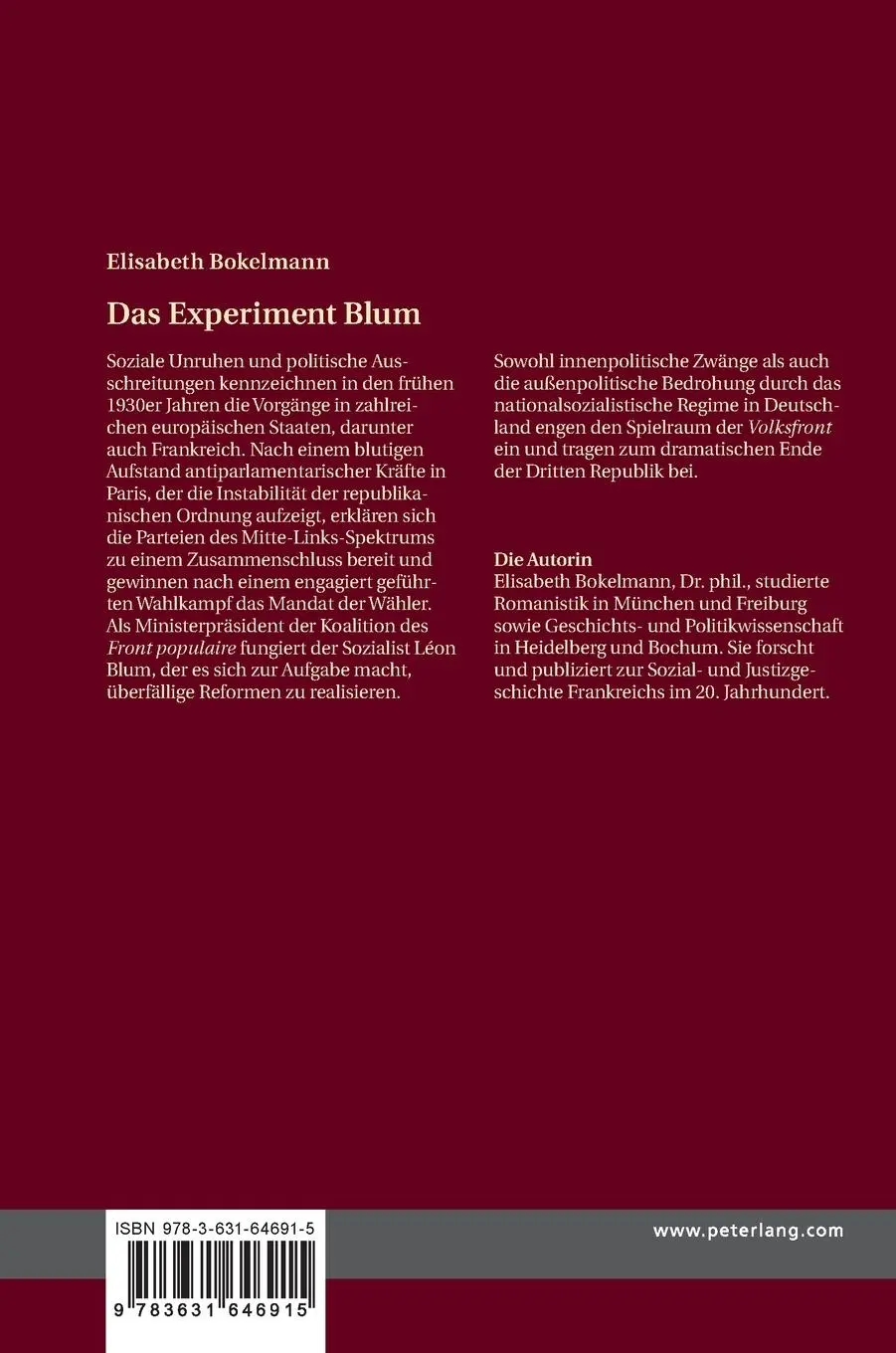 Rückseite: 9783631646915 | Das Experiment Blum | Elisabeth Bokelmann | Buch | 220 S. | Deutsch