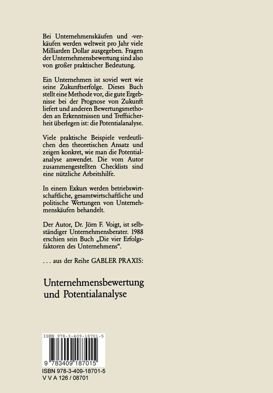Rückseite: 9783409187015 | Unternehmensbewertung und Potentialanalyse | Jörn F. Voigt | Buch