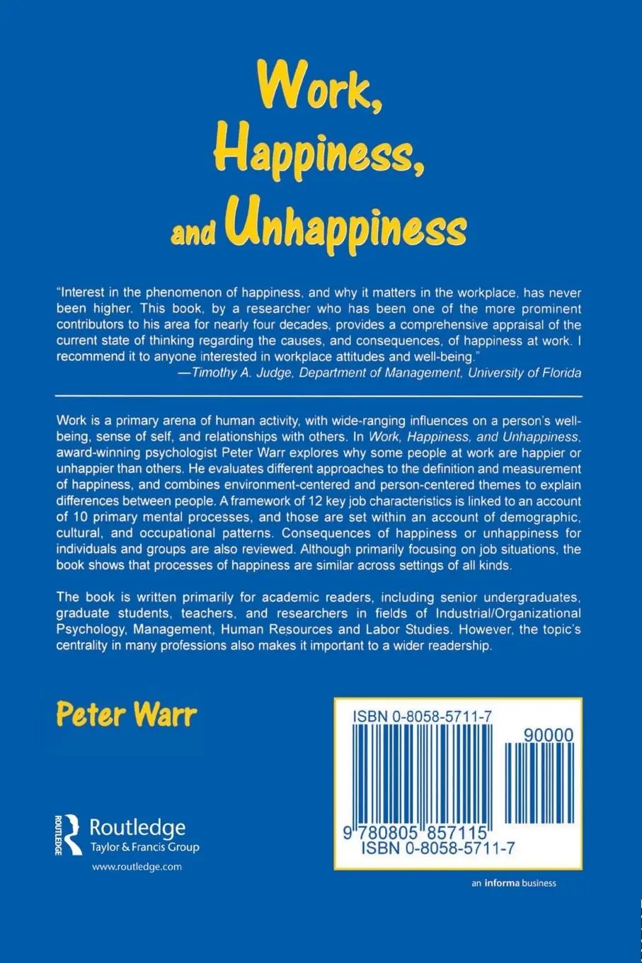 Rückseite: 9780805857115 | Work, Happiness, and Unhappiness | Peter Warr | Taschenbuch | Englisch