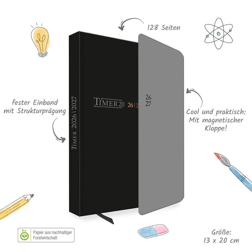 Bild: 9783988027115 | TRÖTSCH - Schülerkalender mit Klappe Black 26/27 | KG | Kalender