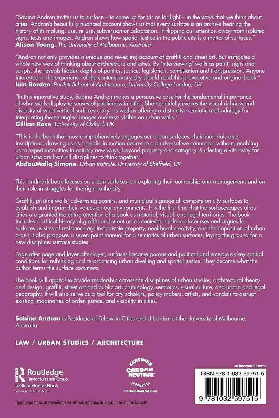 Rückseite: 9781032597515 | Urban Surfaces, Graffiti, and the Right to the City | Sabina Andron