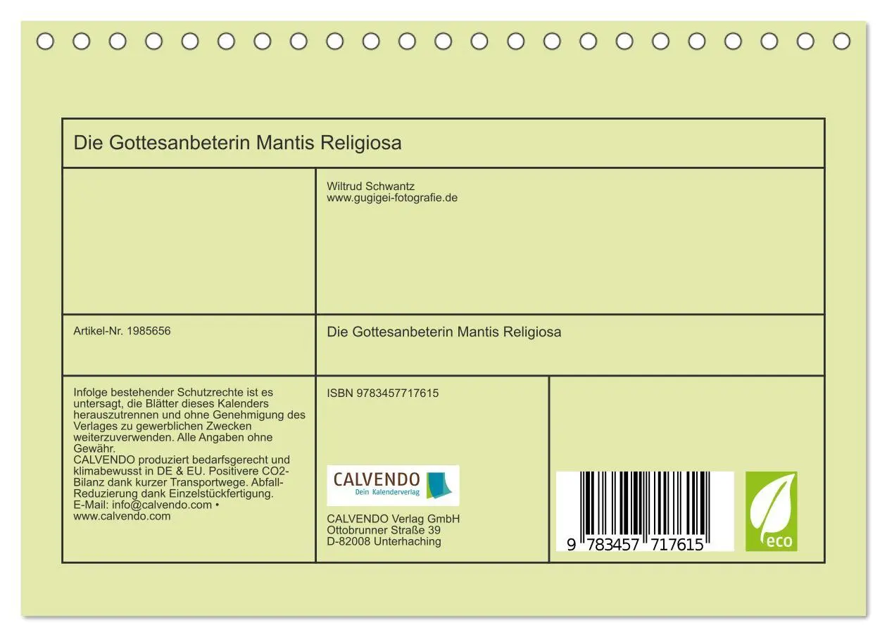 Bild: 9783457717615 | Die Gottesanbeterin Mantis Religiosa (Tischkalender 2026 DIN A5...