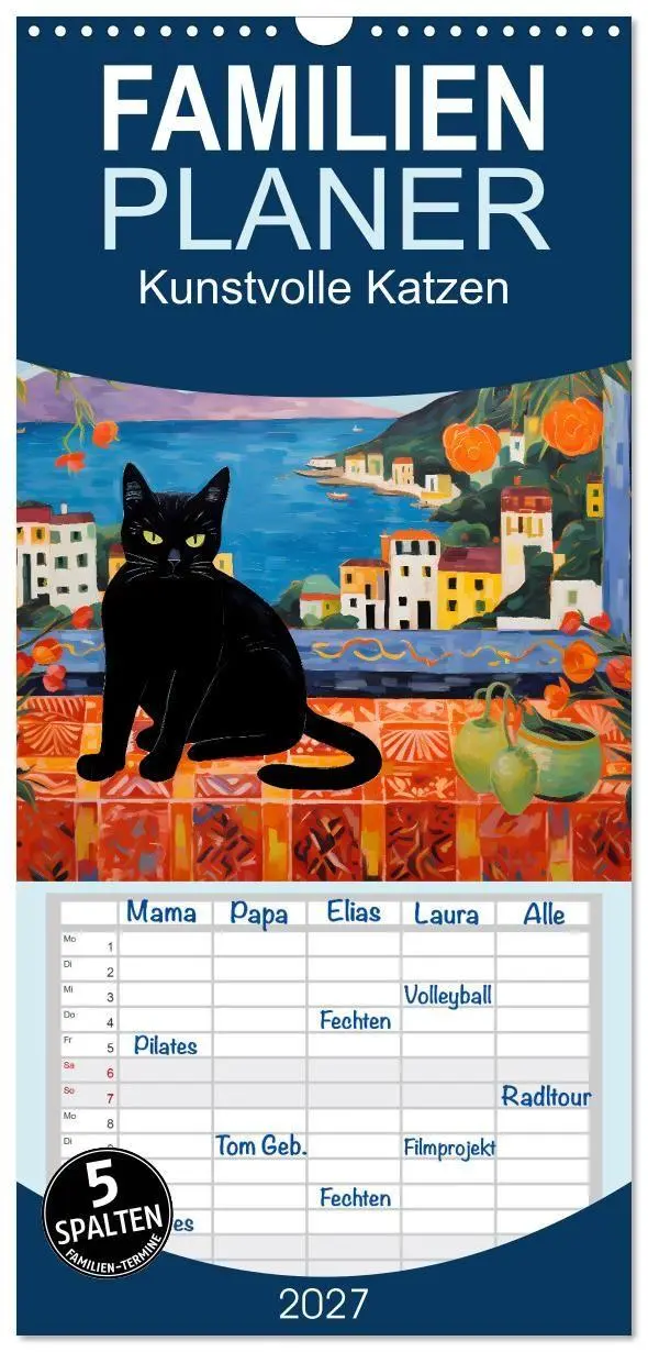 Cover: 9783594317815 | Familienplaner 2027 - Kunstvolle Katzen mit 5 Spalten...