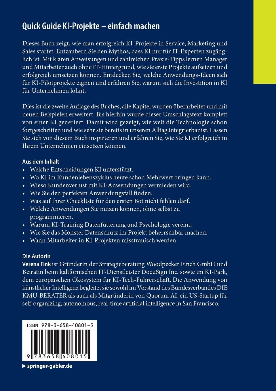 Rückseite: 9783658408015 | Quick Guide KI-Projekte ¿ einfach machen | Verena Fink | Taschenbuch