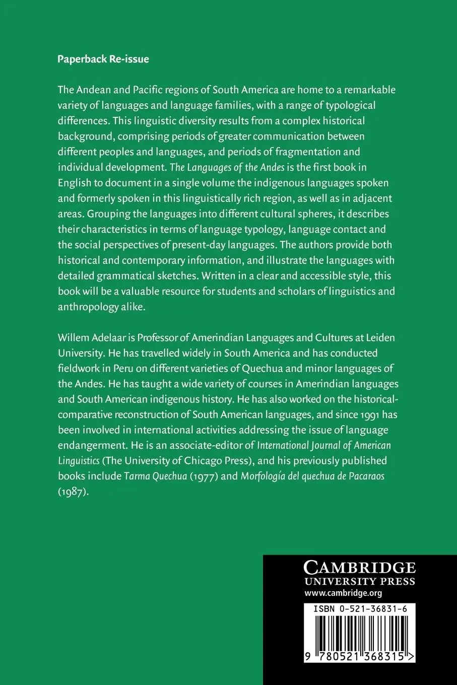 Rückseite: 9780521368315 | The Languages of the Andes | Williams F. H. Adelaar (u. a.) | Buch
