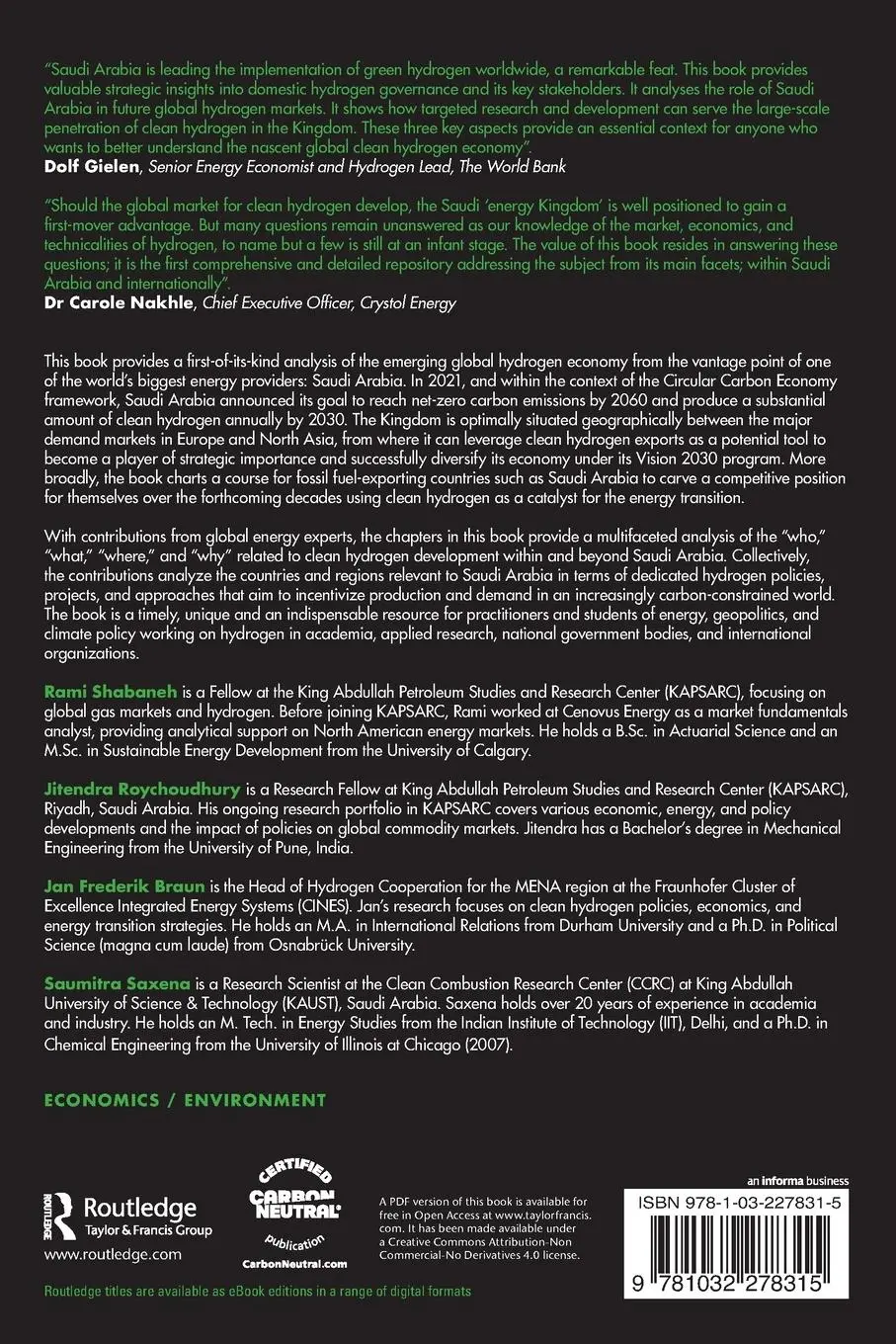 Rückseite: 9781032278315 | The Clean Hydrogen Economy and Saudi Arabia | Rami Shabaneh (u. a.)