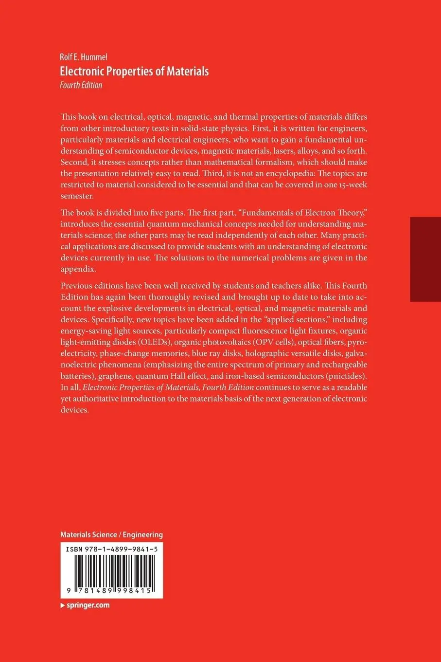 Rückseite: 9781489998415 | Electronic Properties of Materials | Rolf E. Hummel | Taschenbuch