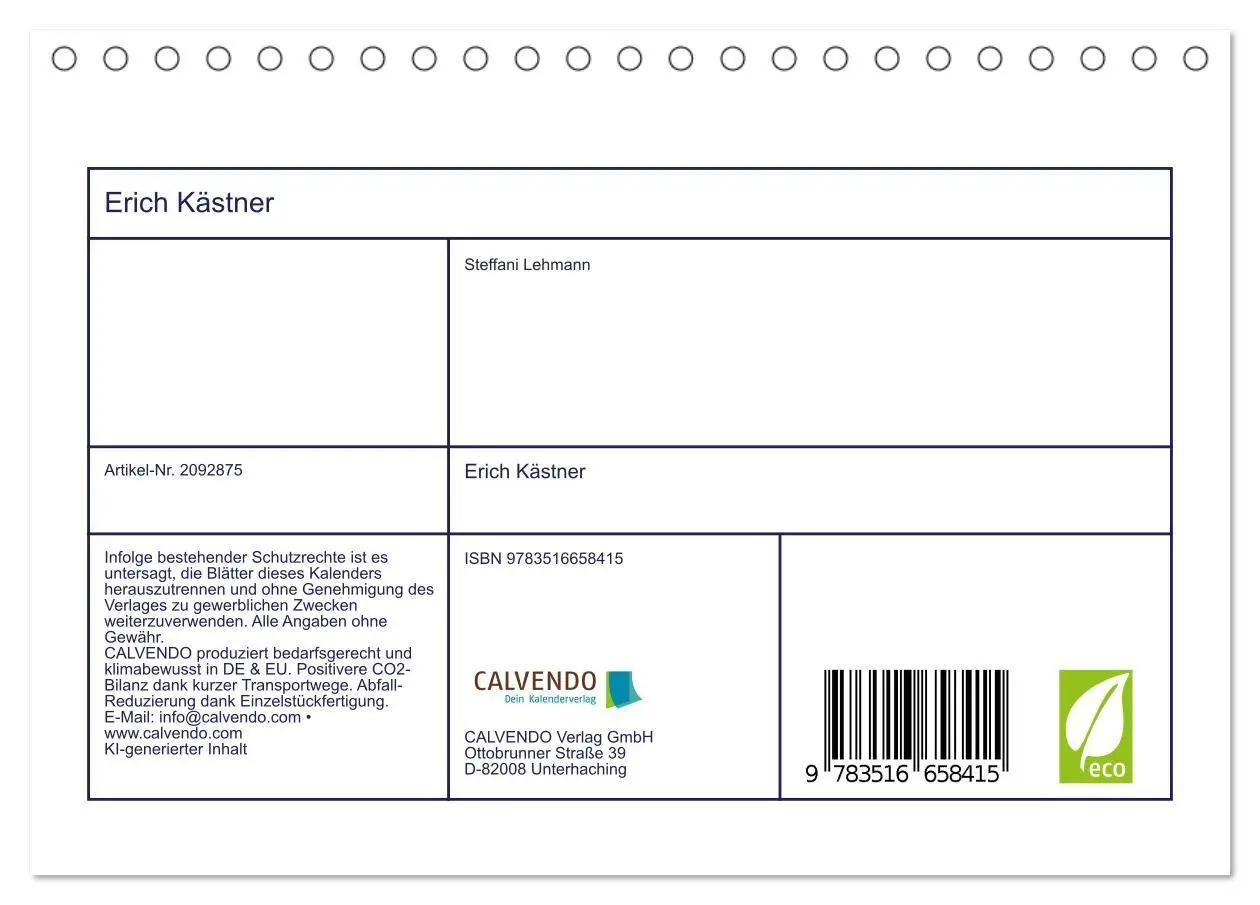 Bild: 9783516658415 | Erich Kästner (Tischkalender 2026 DIN A5 quer), CALVENDO...