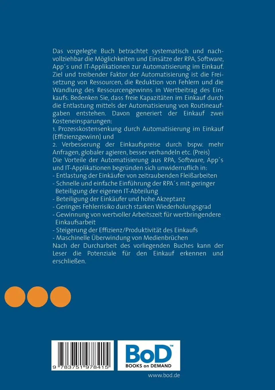 Rückseite: 9783751978415 | RPA, Software, App´s und IT-Applikationen im Einkauf | Lutz Schwalbach