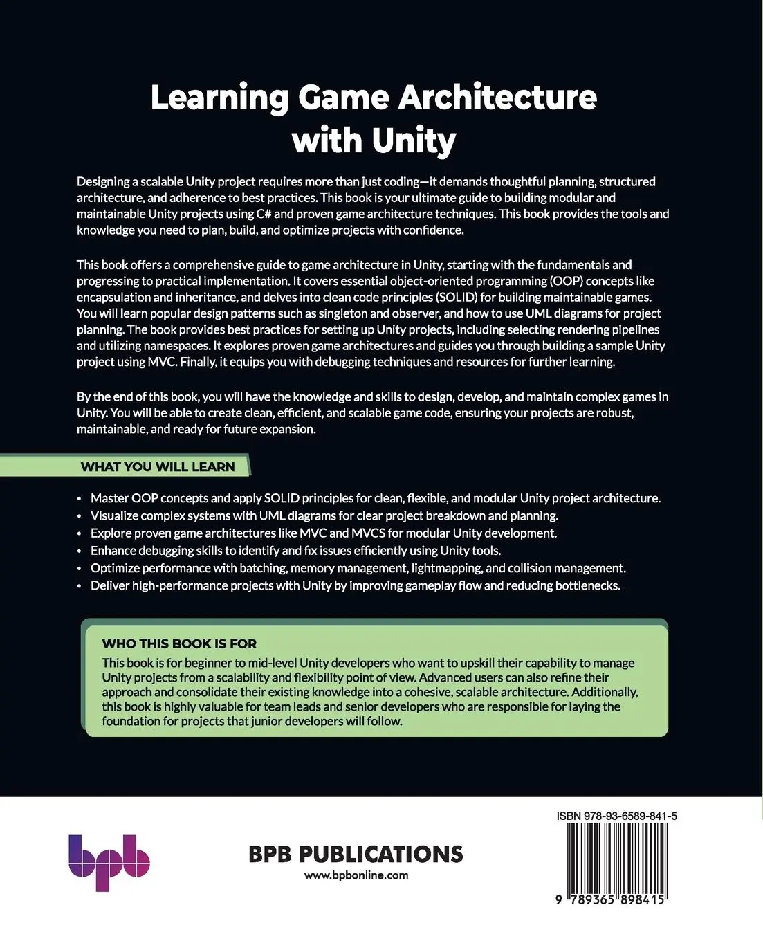 Rückseite: 9789365898415 | Learning Game Architecture with Unity | Niraj Vishwakarma | Buch