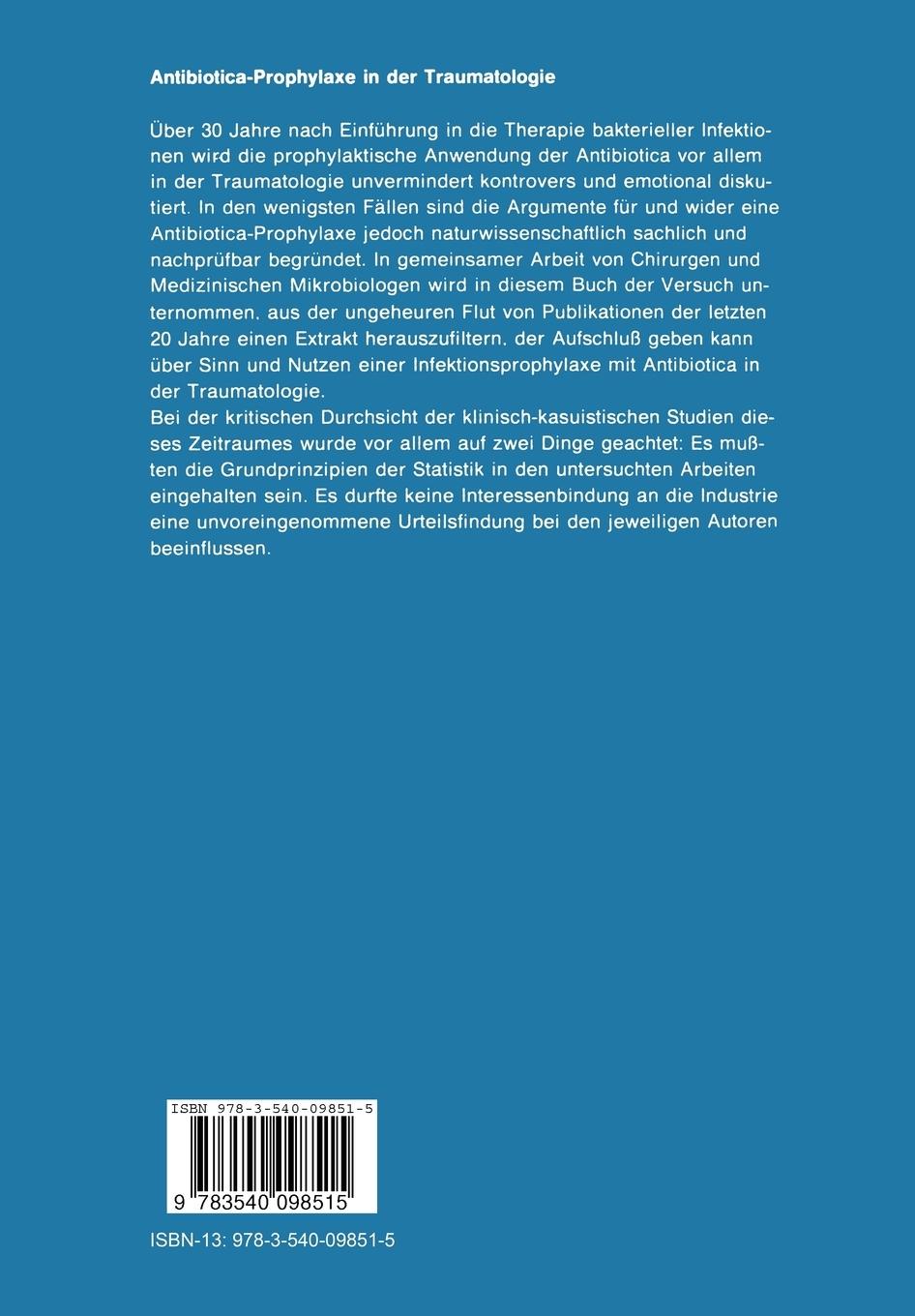 Rückseite: 9783540098515 | Antibiotica-Prophylaxe in der Traumatologie | Dieter Stolle (u. a.)