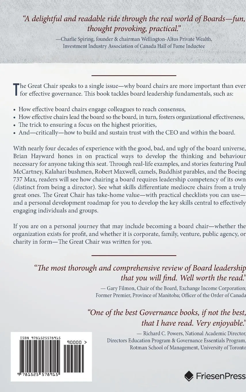 Rückseite: 9781525578915 | The Great Chair | A Window on Effective Board Leadership | Hayward