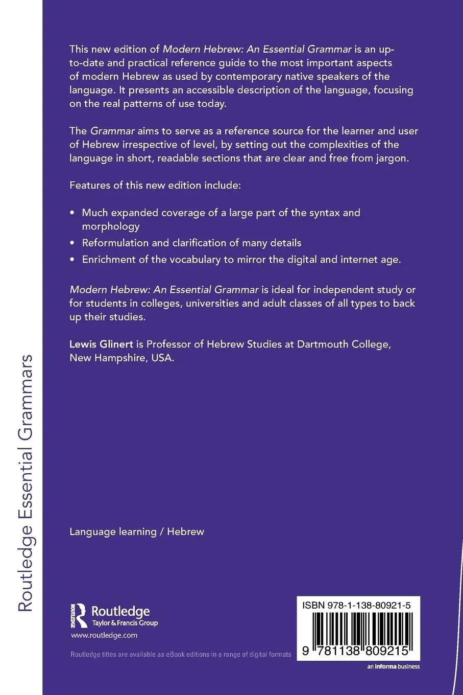 Rückseite: 9781138809215 | Modern Hebrew | An Essential Grammar | Lewis Glinert | Taschenbuch