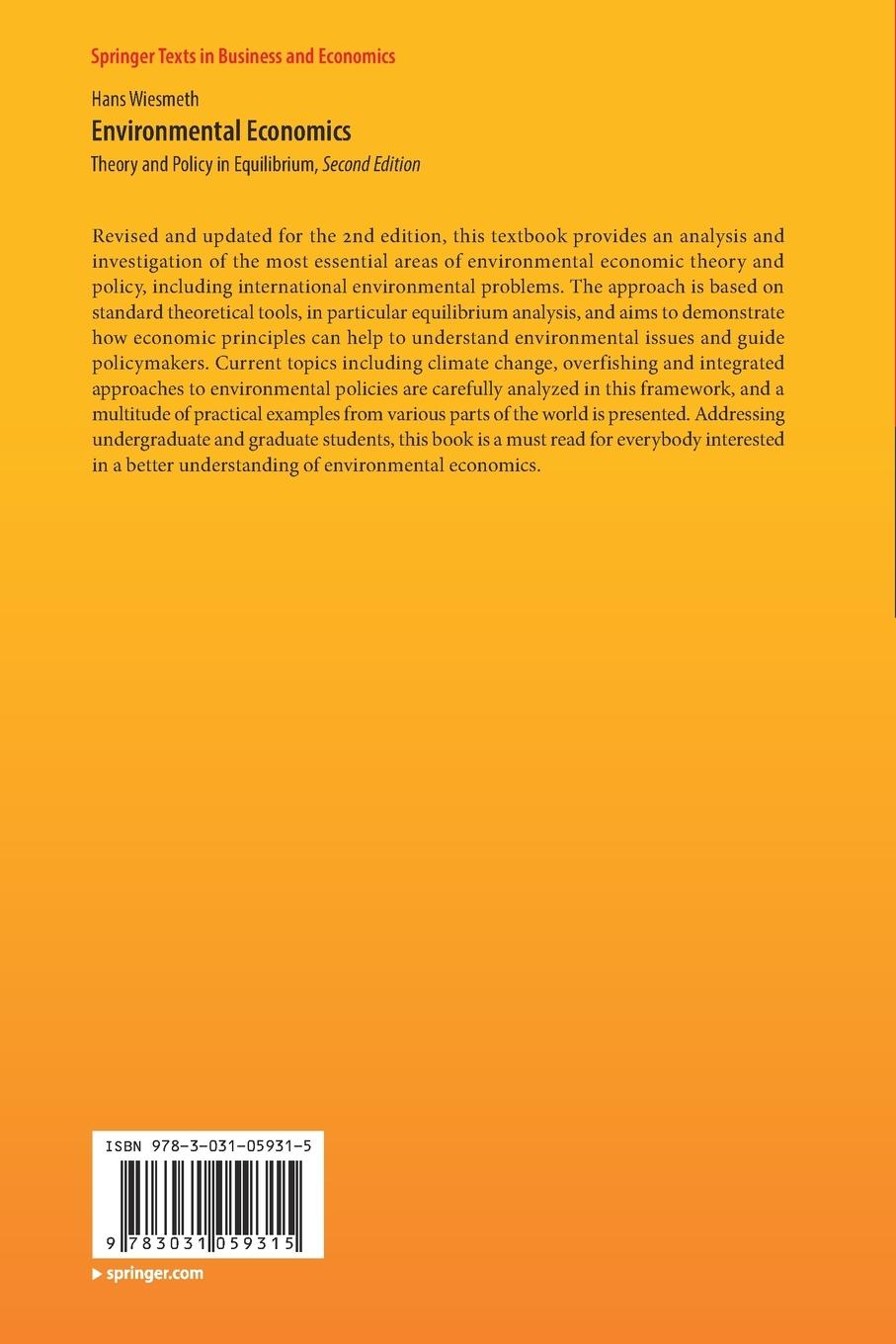 Rückseite: 9783031059315 | Environmental Economics | Theory and Policy in Equilibrium | Wiesmeth
