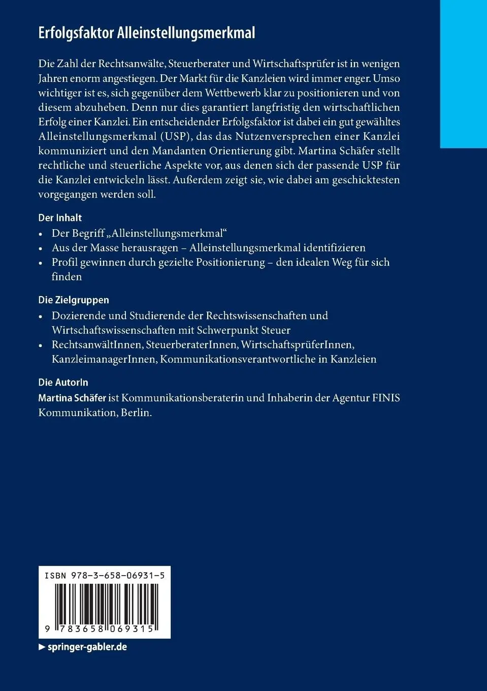 Rückseite: 9783658069315 | Erfolgsfaktor Alleinstellungsmerkmal | Martina Schäfer | Taschenbuch