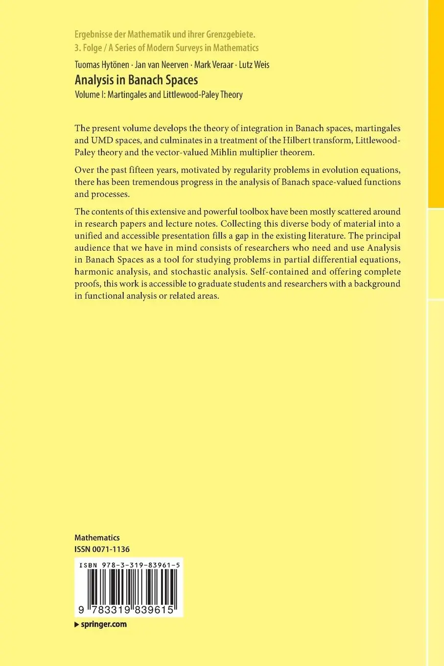 Rückseite: 9783319839615 | Analysis in Banach Spaces | Tuomas Hytönen (u. a.) | Taschenbuch
