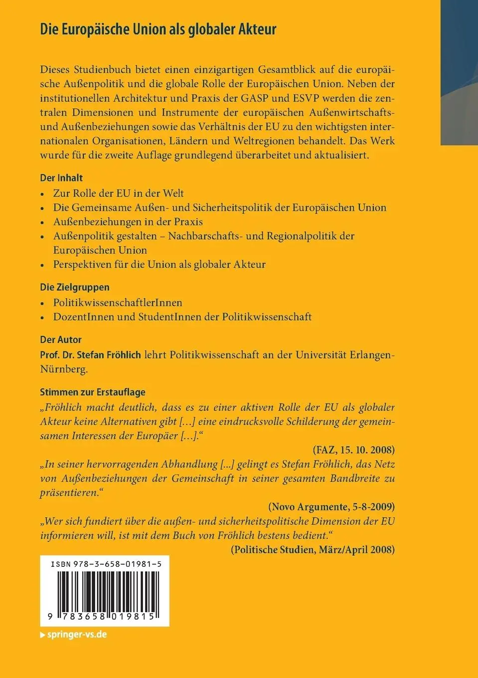 Rückseite: 9783658019815 | Die Europäische Union als globaler Akteur | Eine Einführung | Fröhlich