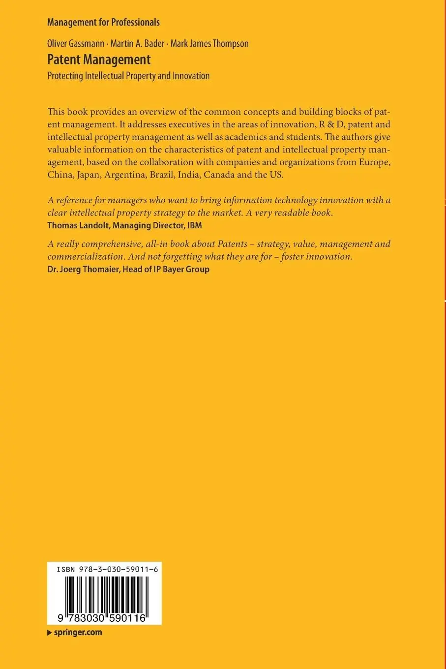 Rückseite: 9783030590116 | Patent Management | Protecting Intellectual Property and Innovation
