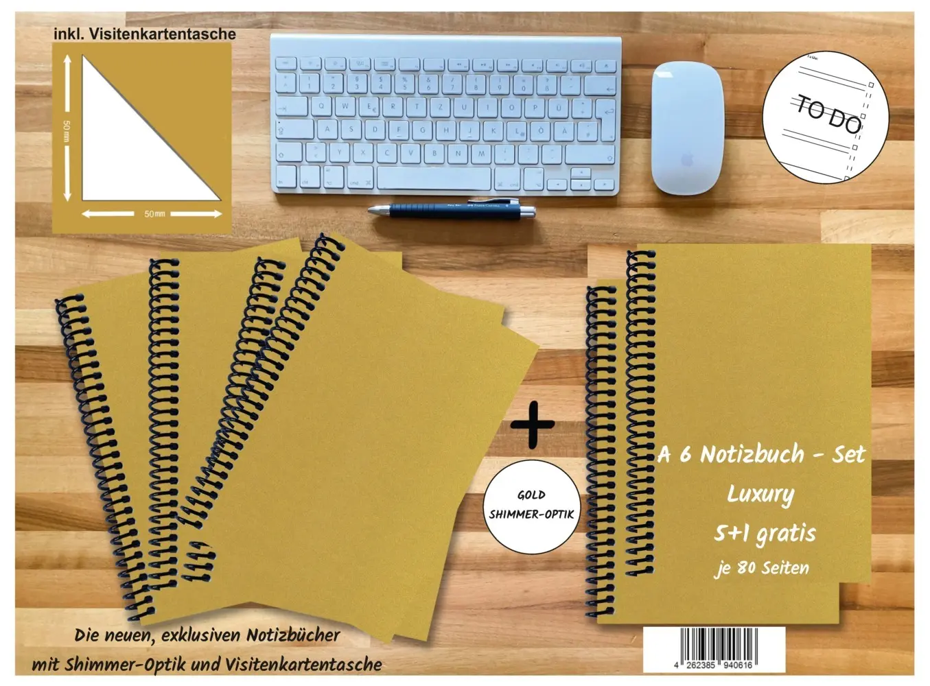 A 6 Notizbuch - Set, 4+2 gratis, Luxury 80 Seiten GOLD GMUND SHIMMER, to do