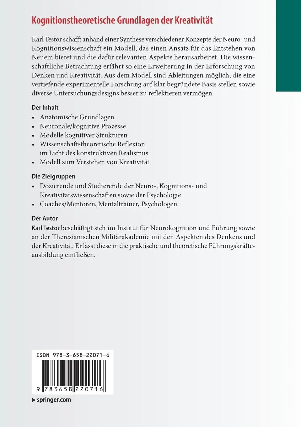 Rückseite: 9783658220716 | Kognitionstheoretische Grundlagen der Kreativität | Karl Testor | Buch