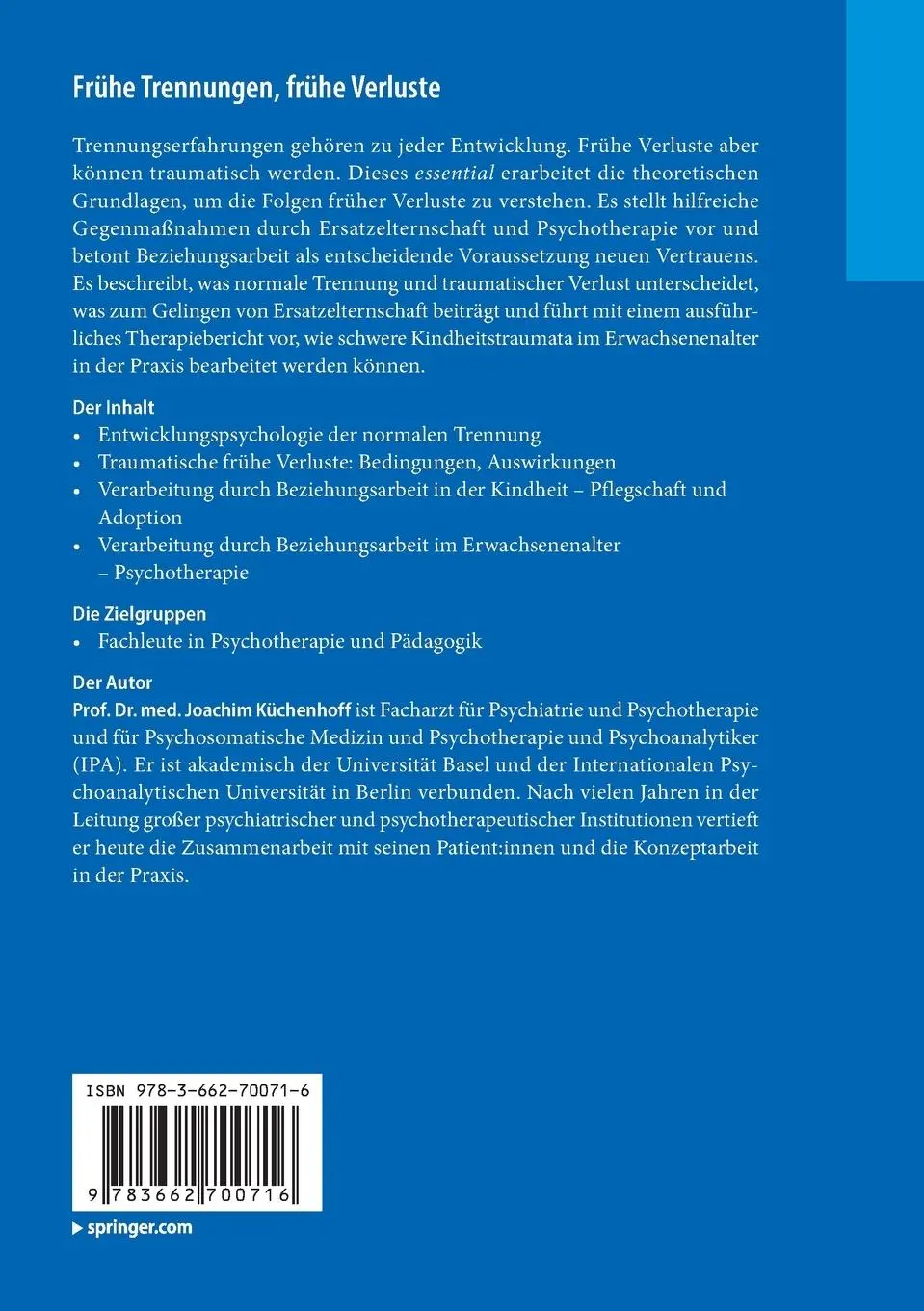 Rückseite: 9783662700716 | Frühe Trennungen, frühe Verluste | Joachim Küchenhoff | Taschenbuch