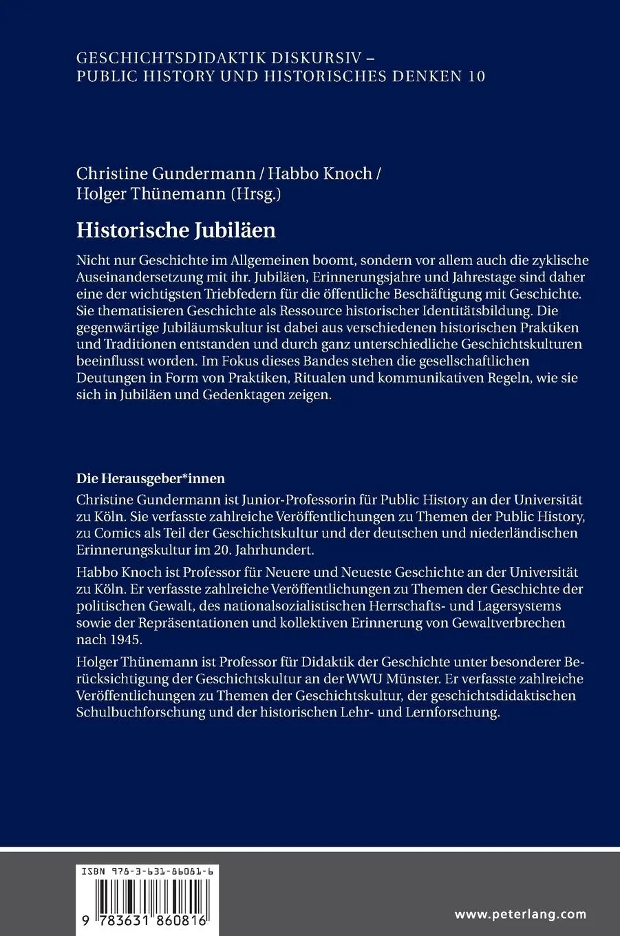 Rückseite: 9783631860816 | Historische Jubiläen | Christine Gundermann (u. a.) | Buch | Deutsch