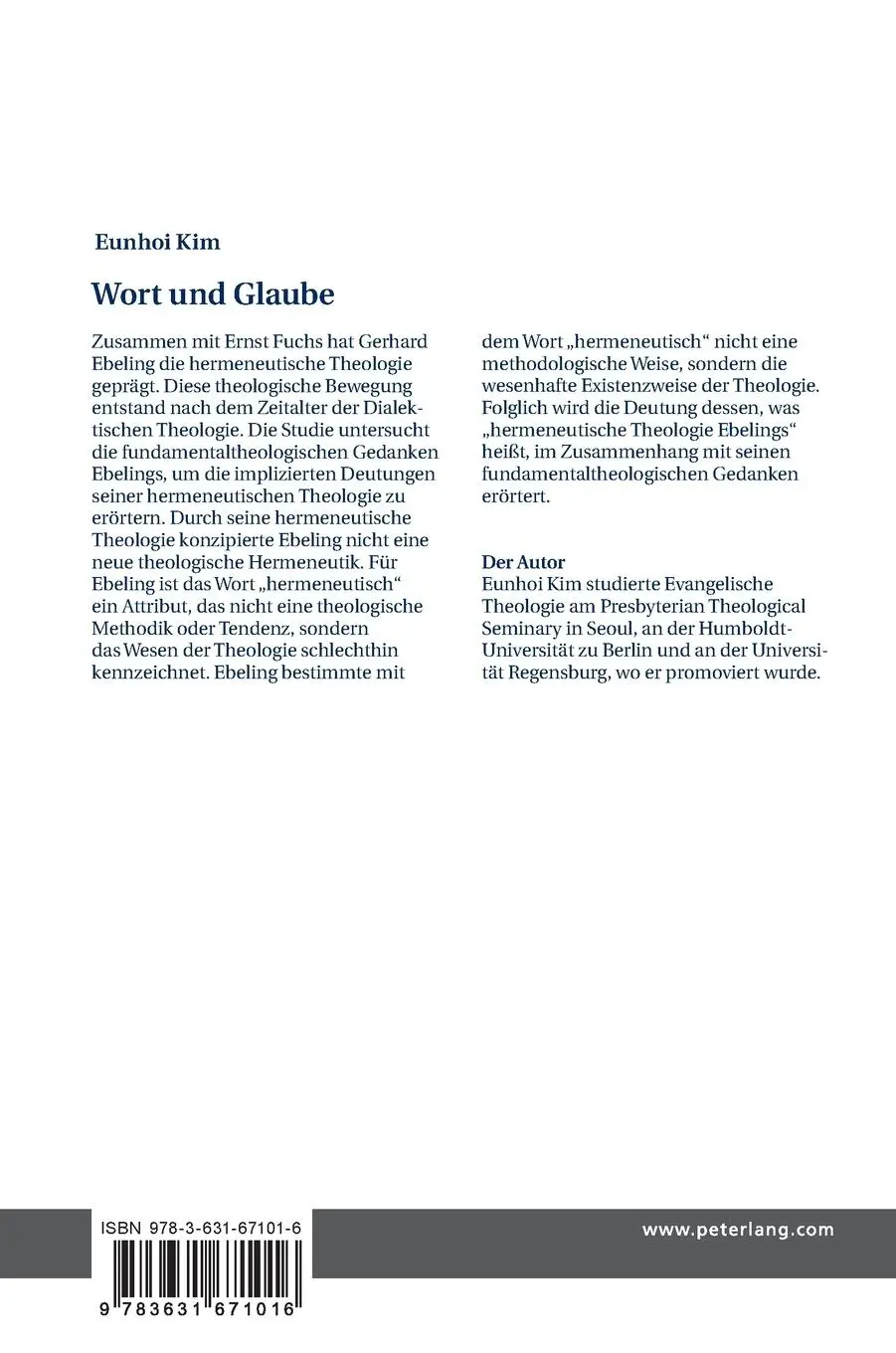 Rückseite: 9783631671016 | Wort und Glaube | Eunhoi Kim | Buch | Gebunden | Deutsch | 2017