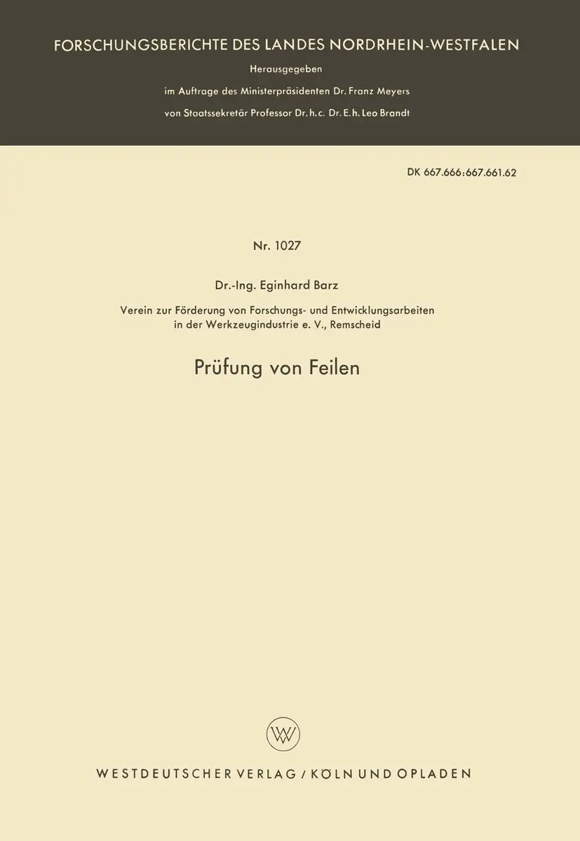 Cover: 9783663041016 | Prüfung von Feilen | Eginhard Barz | Taschenbuch | 60 S. | Deutsch