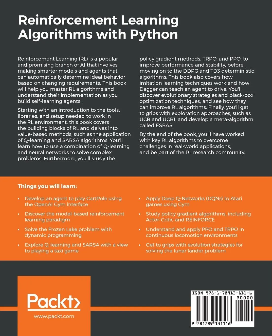 Rückseite: 9781789131116 | Reinforcement Learning Algorithms with Python | Andrea Lonza | Buch