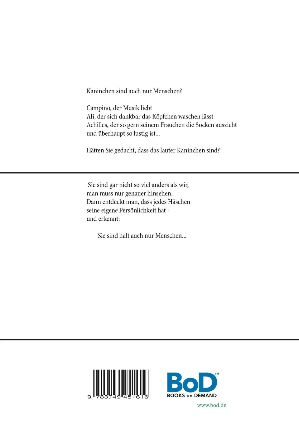 Rückseite: 9783749451616 | Kaninchen sind auch nur Menschen | Erlebnisse mit Hasen | Beck | Buch