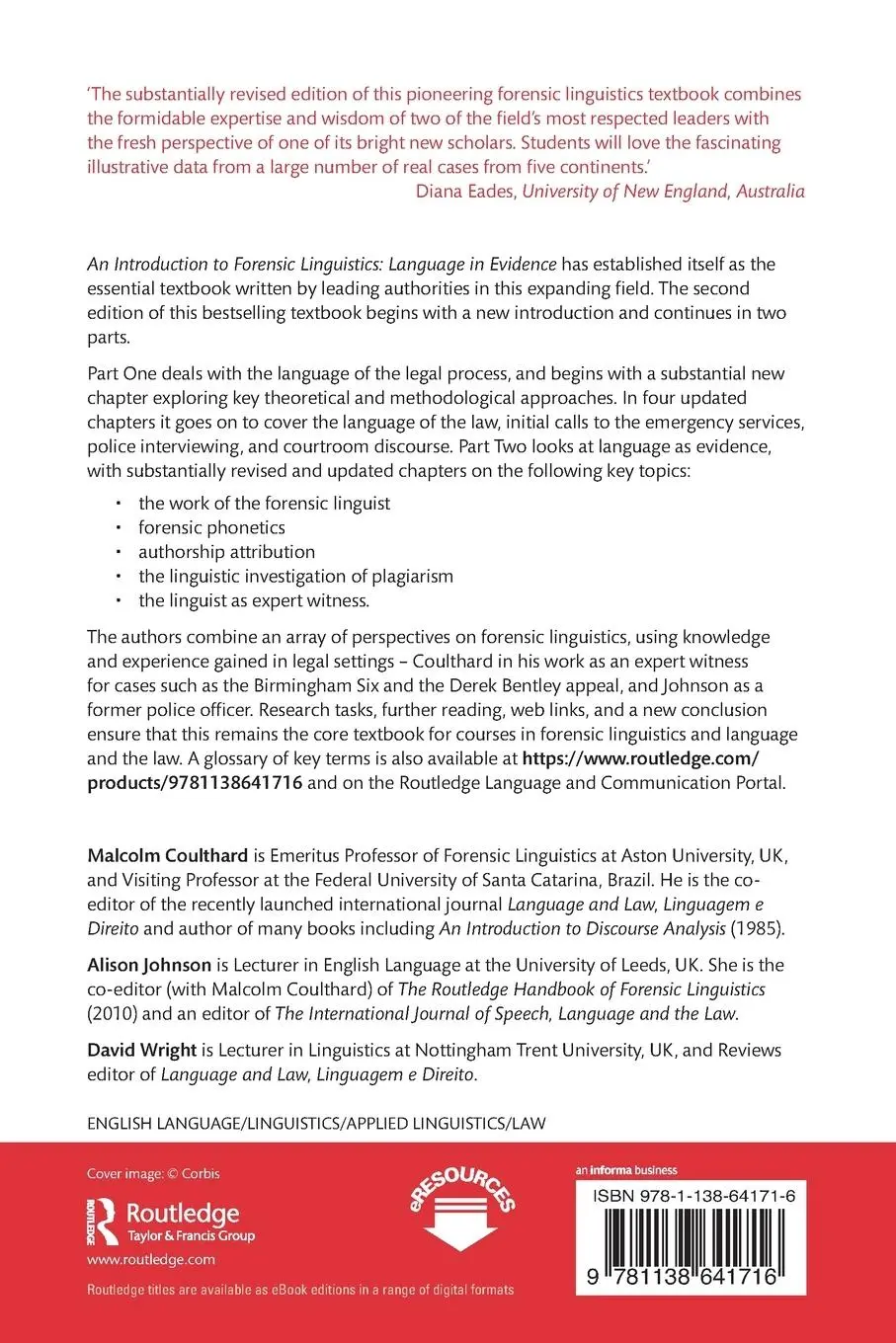 Rückseite: 9781138641716 | An Introduction to Forensic Linguistics | Language in Evidence | Buch