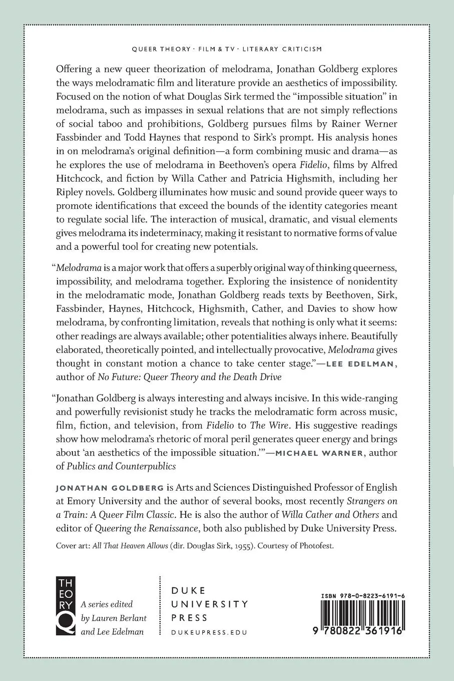 Rückseite: 9780822361916 | Melodrama | An Aesthetics of Impossibility | Jonathan Goldberg | Buch