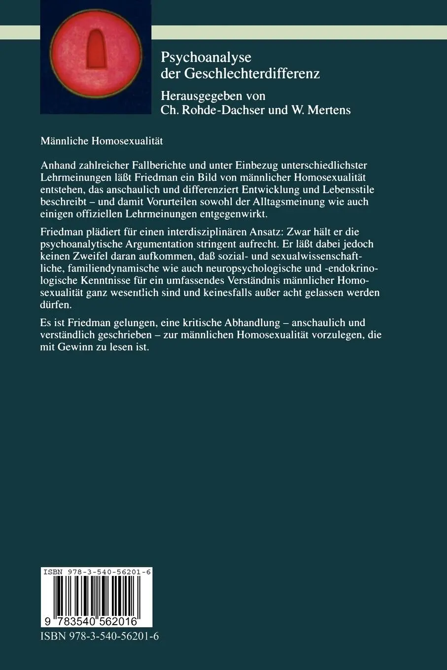 Rückseite: 9783540562016 | Männliche Homosexualität | Richard C. Friedman | Taschenbuch | xv