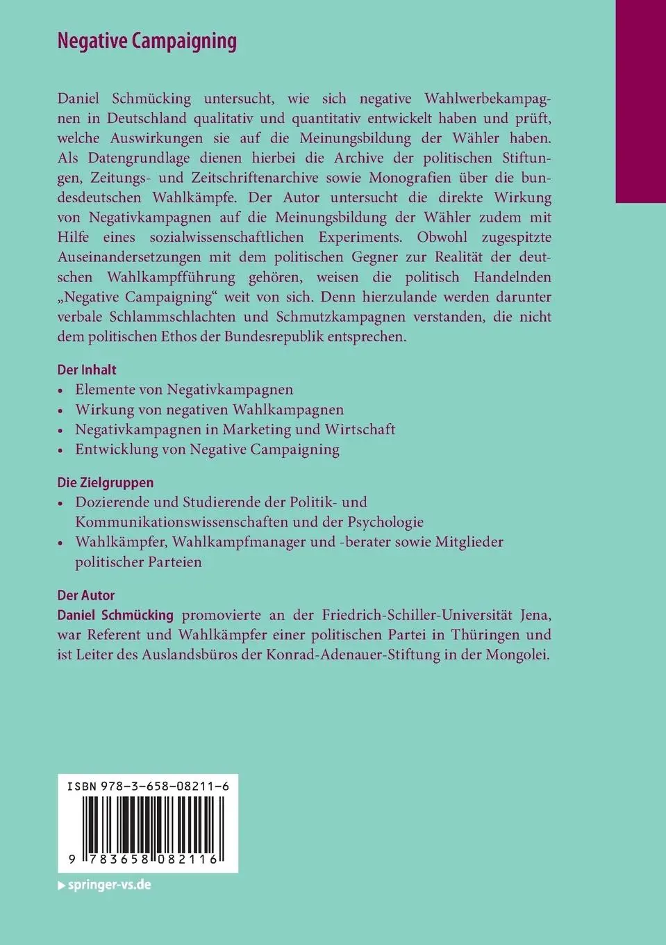 Rückseite: 9783658082116 | Negative Campaigning | Daniel Schmücking | Taschenbuch | xix | Deutsch