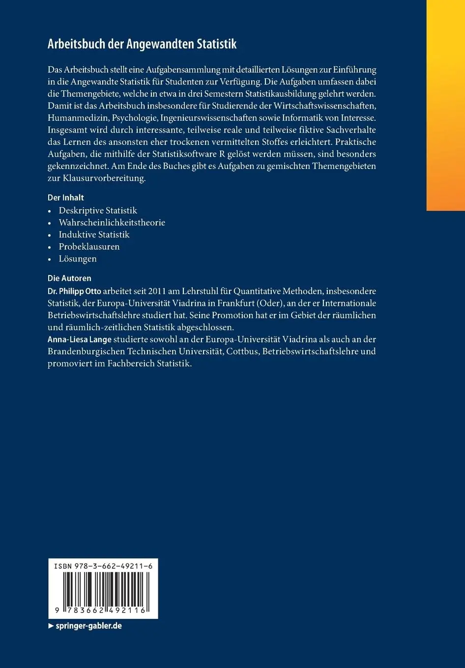 Rückseite: 9783662492116 | Arbeitsbuch der Angewandten Statistik | Anna-Liesa Lange (u. a.)