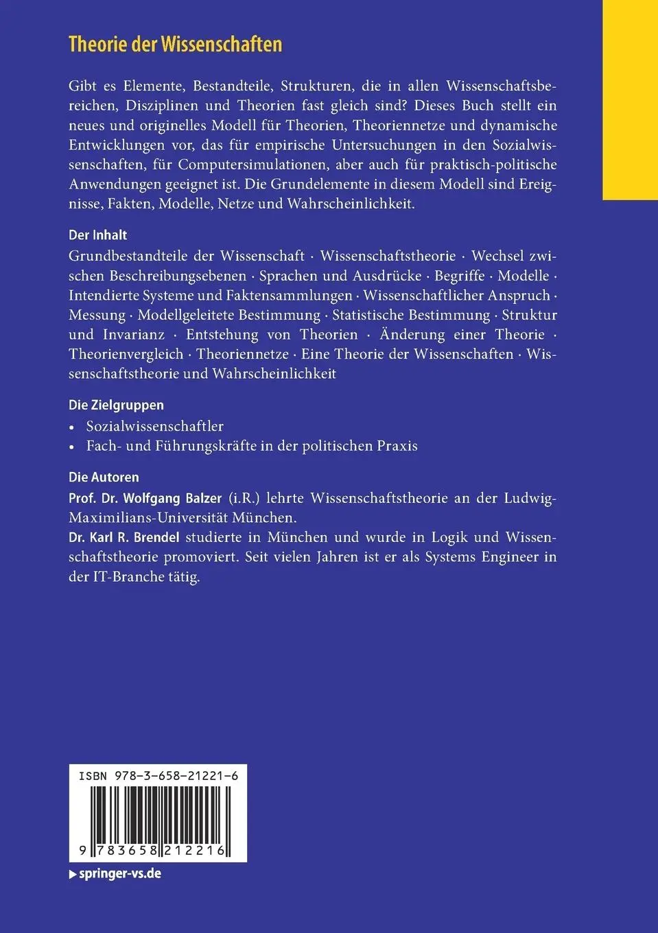 Rückseite: 9783658212216 | Theorie der Wissenschaften | Karl R. Brendel (u. a.) | Taschenbuch