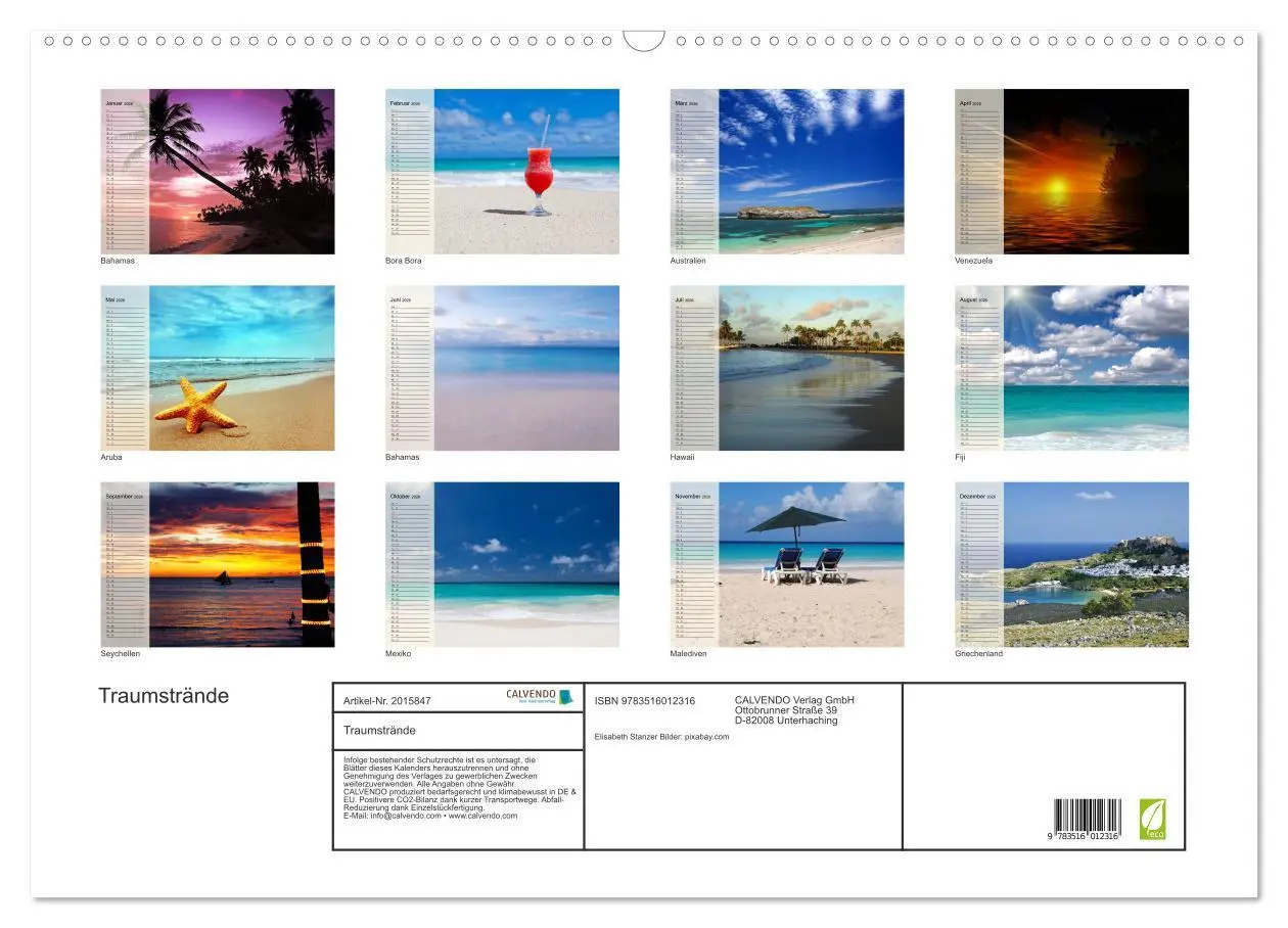 Bild: 9783516012316 | Traumstrände (Wandkalender 2026 DIN A2 quer), CALVENDO Monatskalender