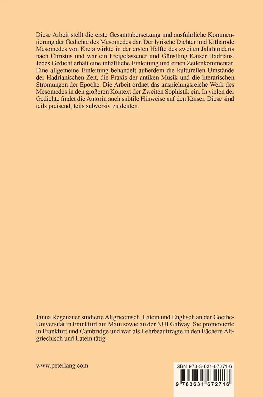 Rückseite: 9783631672716 | Mesomedes | Übersetzung und Kommentar | Janna Regenauer | Buch | 2016