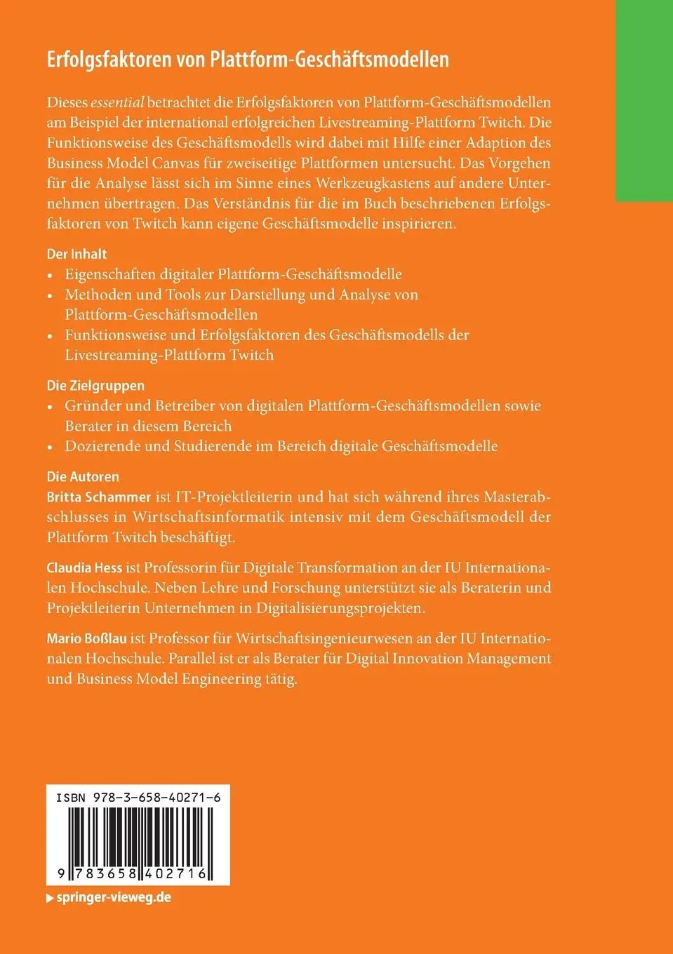 Rückseite: 9783658402716 | Erfolgsfaktoren von Plattform-Geschäftsmodellen | Schammer (u. a.)